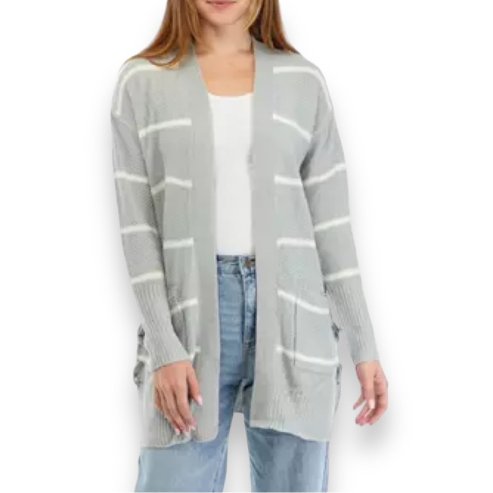 NWT Pink Rose Size L Long Sleeve Lace Up Sides Gray/White Duster Cardigan
